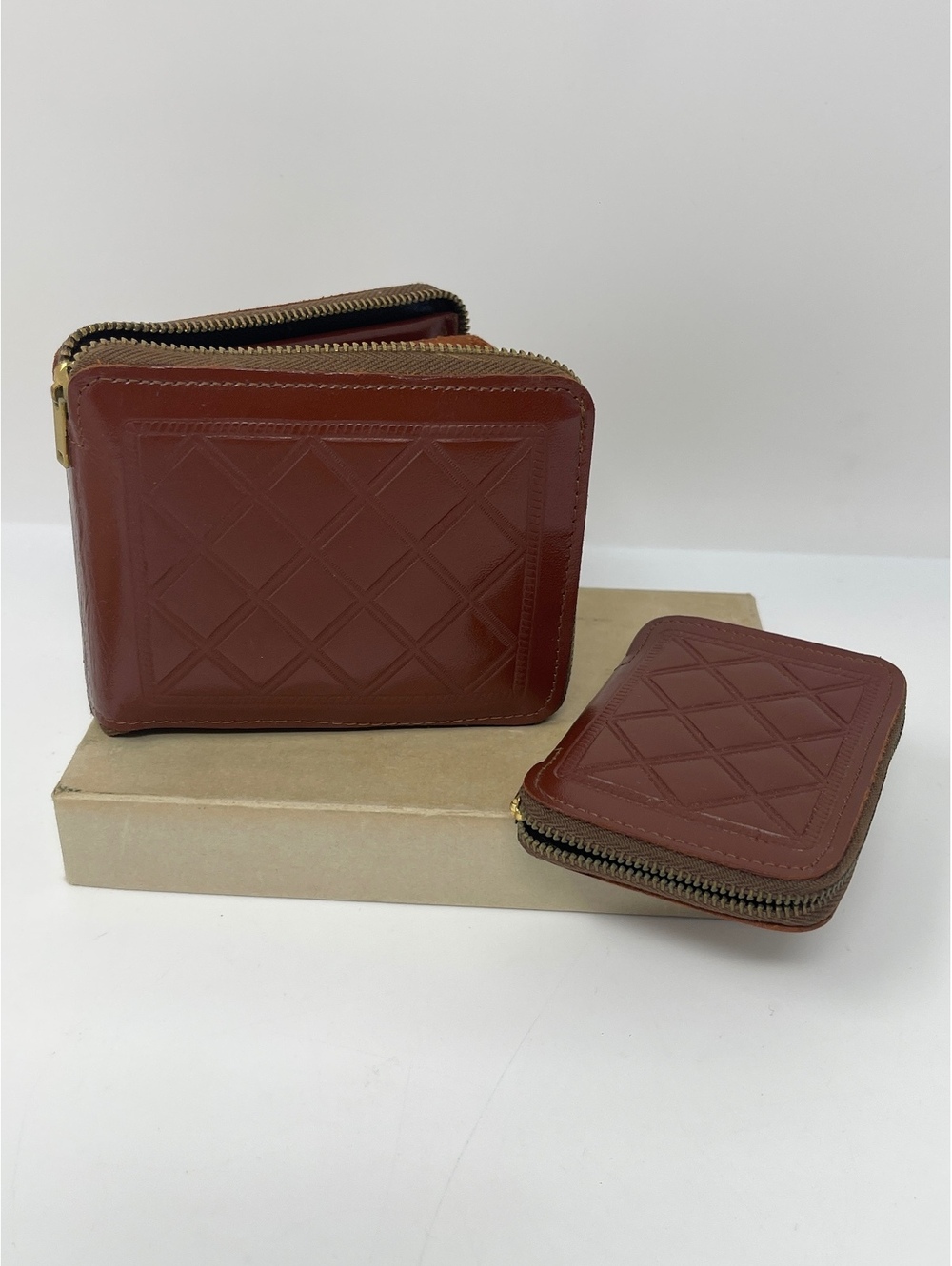Vintage Pilgrim Amity Brown Leather Zip Wallet & Key Case Set Diamond Quilted